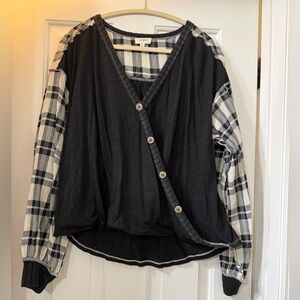 Umgee Black and Cream Plaid Faux Wrap Top *NWOT